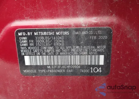 2020 Mitsubishi Mirage G4 Es from USA, damaged, VIN ML32F3FJ6LHF09904